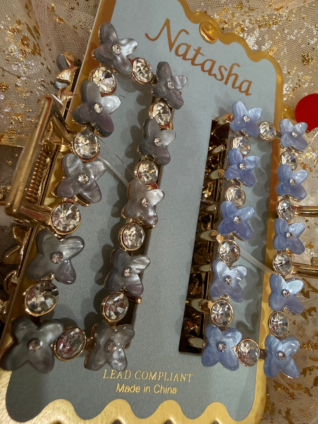 Metal hair claw clips with rhinestone and faux pearl embellishments, Natasha brand