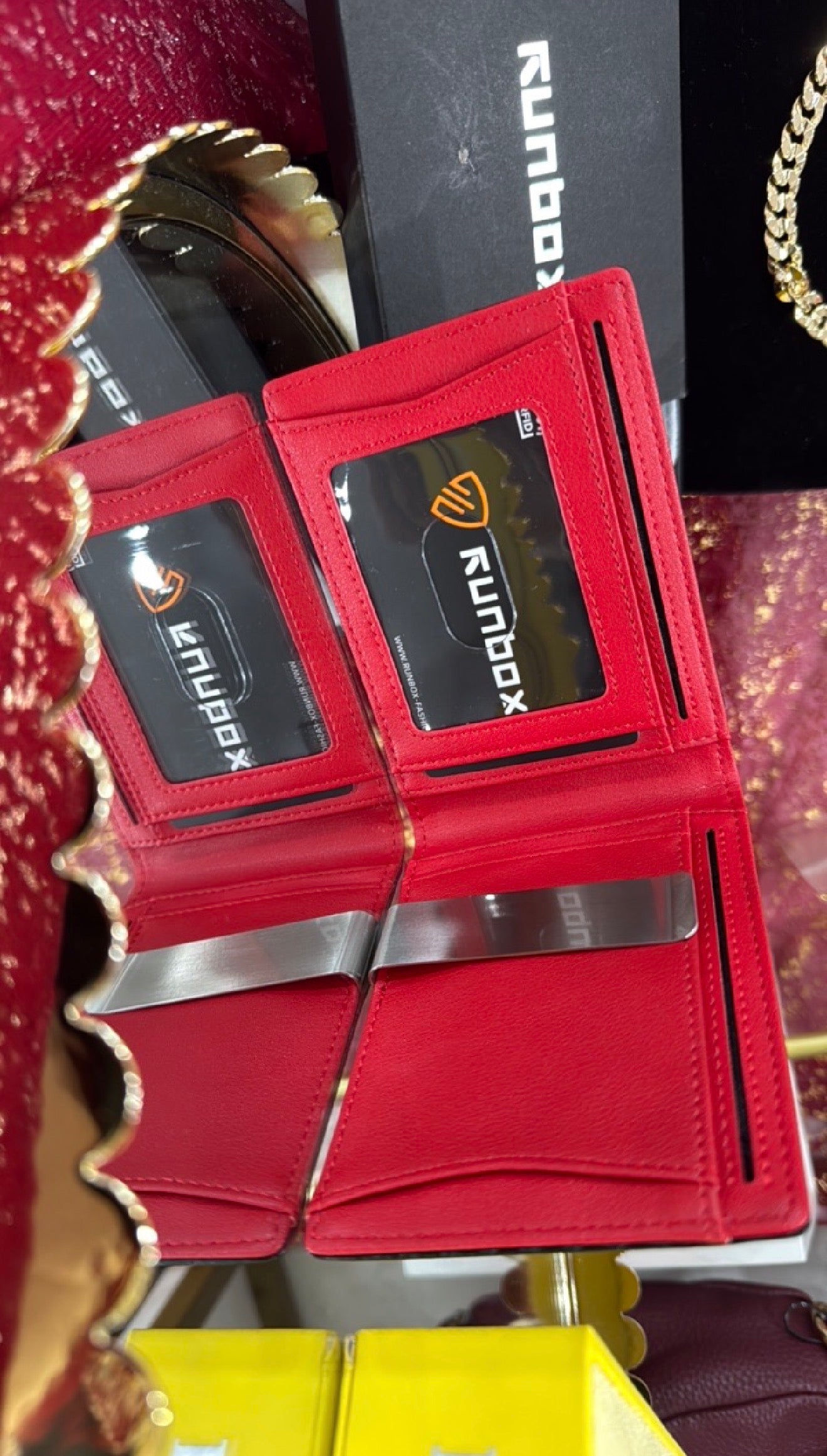 Leather bifold wallet, RUNBOX RFID blocking with dual ID windows