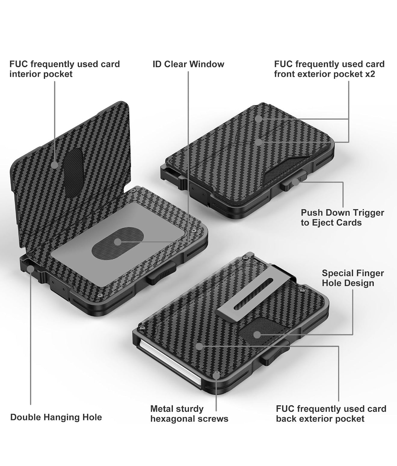 Carbon fiber textured leather wallet, Wallet for Men, minimalist card holder with money clip