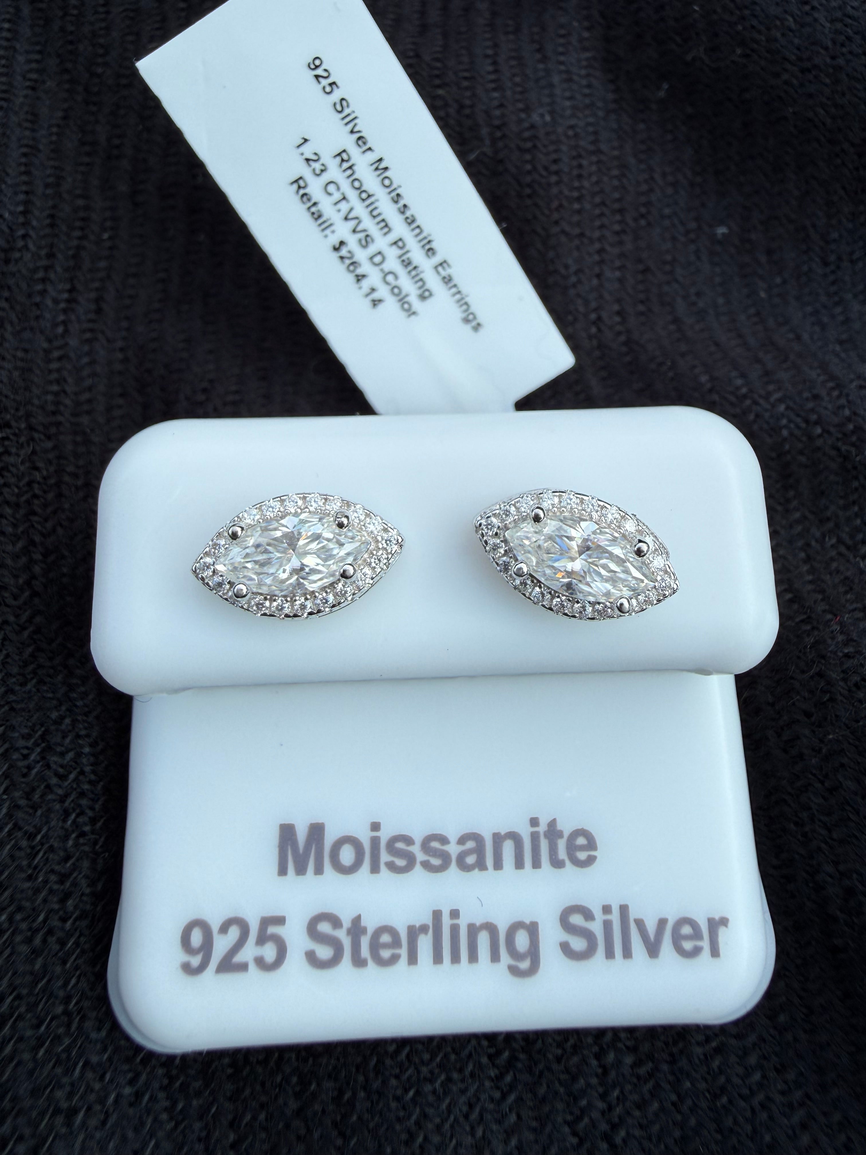 925 Sterling Silver earrings with moissanite marquise-cut stones in halo setting