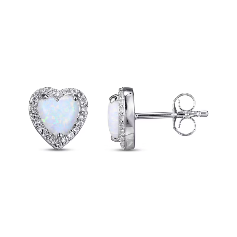 Heart-Shaped Lab-Created Opal & White Lab-Created Sapphire Stud Earrings Sterling Silver